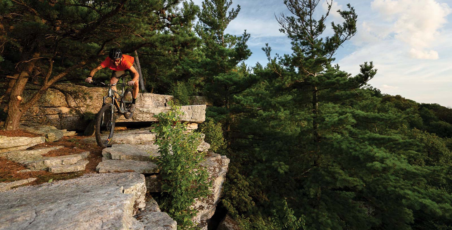 Harrisonburg’s abundance of technical terrain breeds a certain type of rider. Charlie Snyder drops into the overlook on Bird Knob in the northeastern quadrant of the George Washington National Forest.