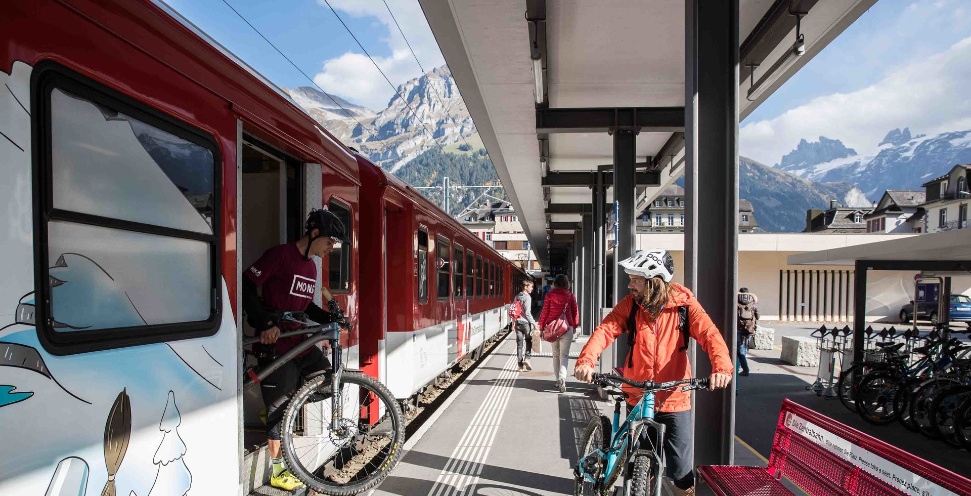 Not the average shuttle vehicle—at least by U.S. standards. Patric Bernhard steps off the train in Engelberg as he and Johan Jonsson debate whether they’ve got time for one more lap.