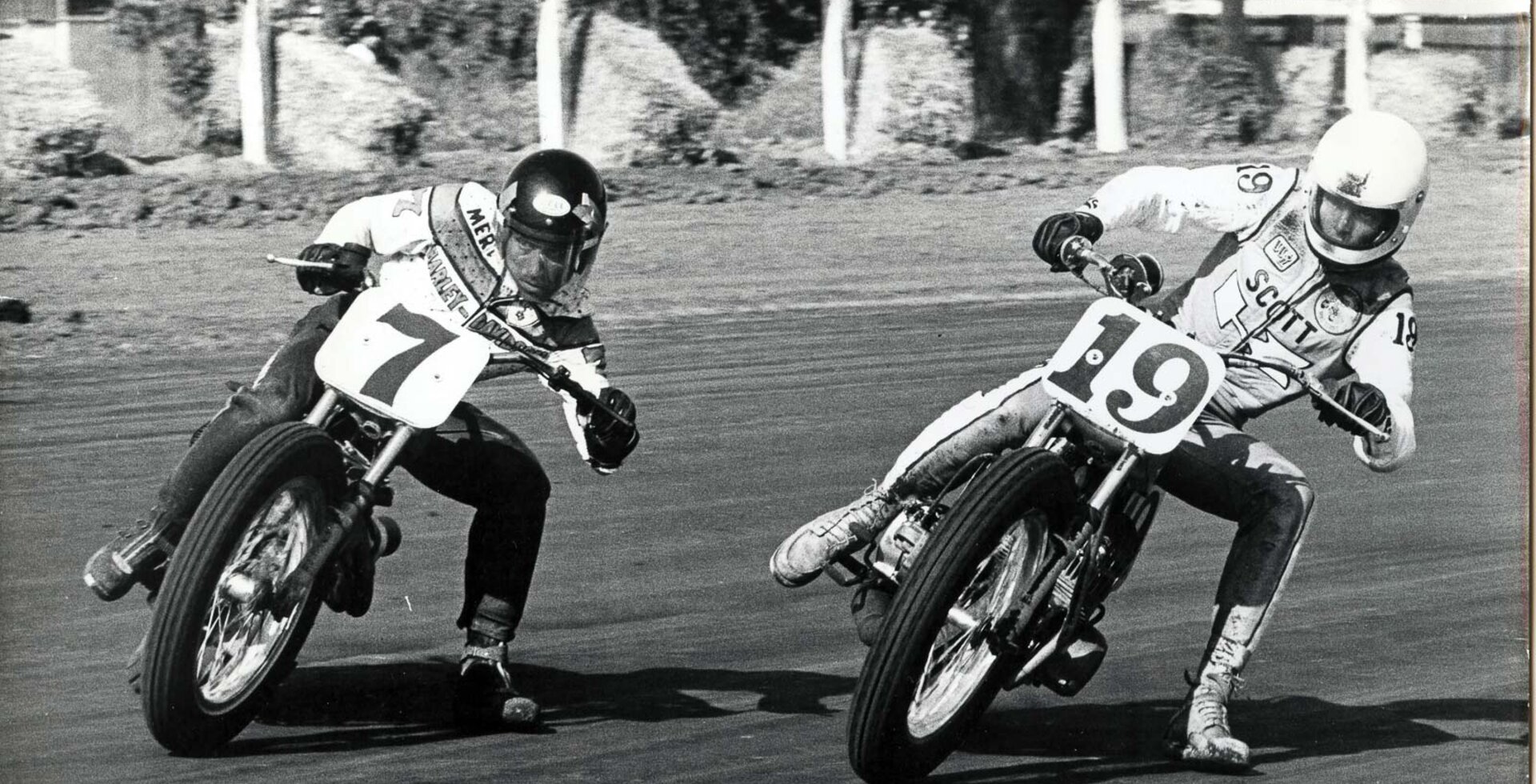 Mert Lawwill (left) doing what he does best: keeping the throttle wide open and the bike sideways. In his 15-year racing career, he stacked up 161 AMA Grand National finishes, including 15 wins. Photo courtesy of the American Motorcyclist Association