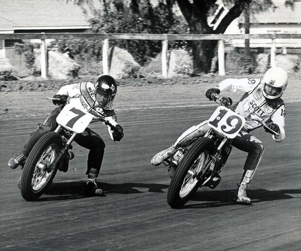 Mert Lawwill (left) doing what he does best: keeping the throttle wide open and the bike sideways. In his 15-year racing career, he stacked up 161 AMA Grand National finishes, including 15 wins. Photo courtesy of the American Motorcyclist Association