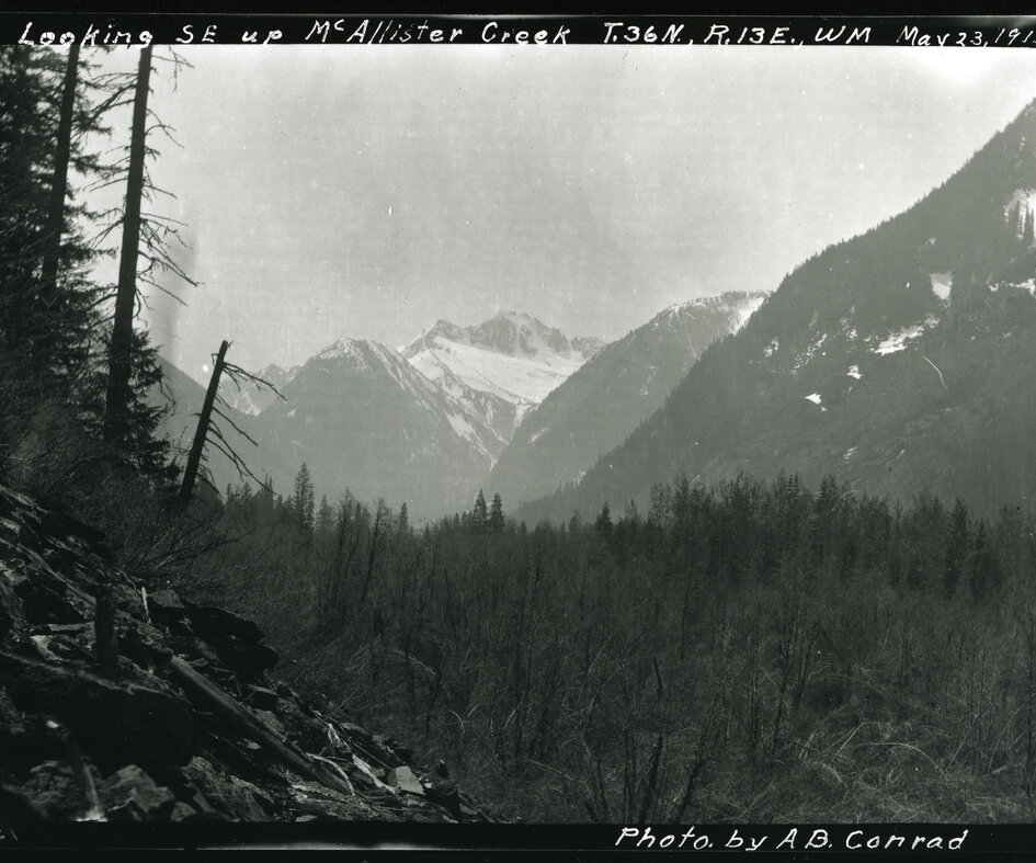 McAllister Creek is south of Diablo Lake and nearly smack in the center of the North Cascades, and provides stunning views of the snow-capped peaks beyond. But while there is still year-round ice on many of the North Cascade summits, photo comparisons from the 100-plus years since this image was taken show those glaciers are rapidly disappearing.  Photo: Courtesy of the National Park Service, North Cascades NPS Complex Museum Collection