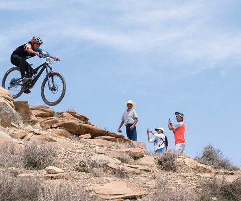 Nigel James hits a drop toward the bottom of Sheepdog Trail during the 2021 Rezduro race held in August in Hardrock, Arizona. The event was the first enduro race hosted on Navajo Nation land.