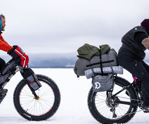 Jason and Jennifer Hanson compete in the Fat Pursuit 200k race after two nights of bivying in the snow.
