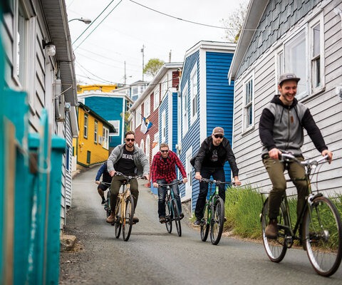 With a small but dedicated scene of mountain bikers in St. John’s, the crew runs deep. After a week of riding the island’s singletrack, Chris Jerrett, Lachlan Roe-Bose, Mike Trickett, Kaelam Power and Matt Beer (left to right) take to the streets of the Battery for some good old-fashioned hill bombing.