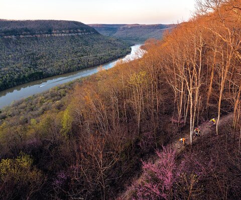 On the lower flanks of Chattanooga’s Raccoon Mountain, two ribbons run parallel—one of water, one of dirt. Local riders Les Warnock, Andrew Massey and Mark Przybysz would be enjoying sweeping views of the Tennessee River if they weren’t so focused on the trail.
