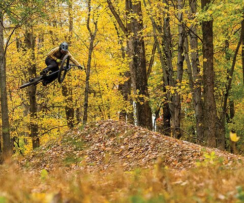 Be it aboard 20 or 29-inch wheels, local Tom Pellet has no problem flattening one out over a hip on Slim Shady at Horns Hill Park near Newark, Ohio.